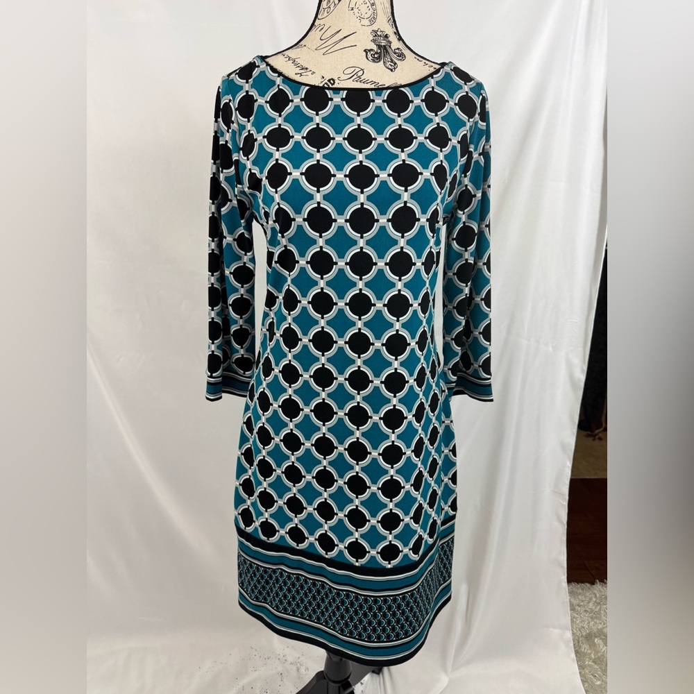 White House Black Market Geometric Patterned Jersey Dress Black & Teal Blue (v)
